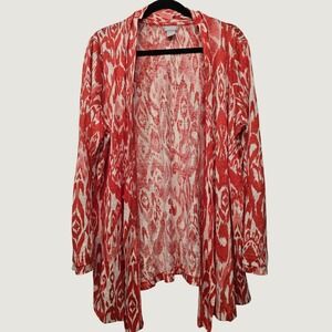 Chico's 100% Linen Ikat Cardigan XL 3 Red White Open Front Boho Coastal Resort